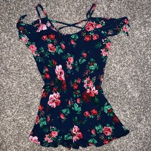Navy Blue Floral Romper with Tying Sleeves